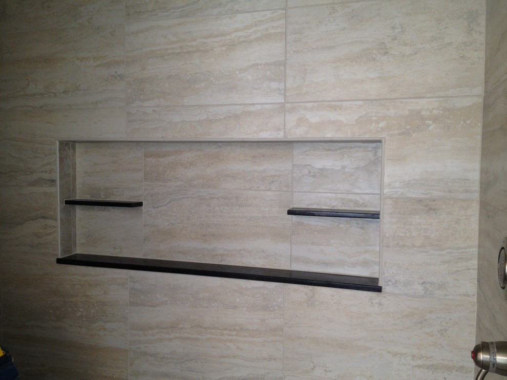 Alcove shower - mid-sized transitional master beige tile and ceramic tile ceramic tile and beige floor alcove shower idea with beige walls and a drop-in sink