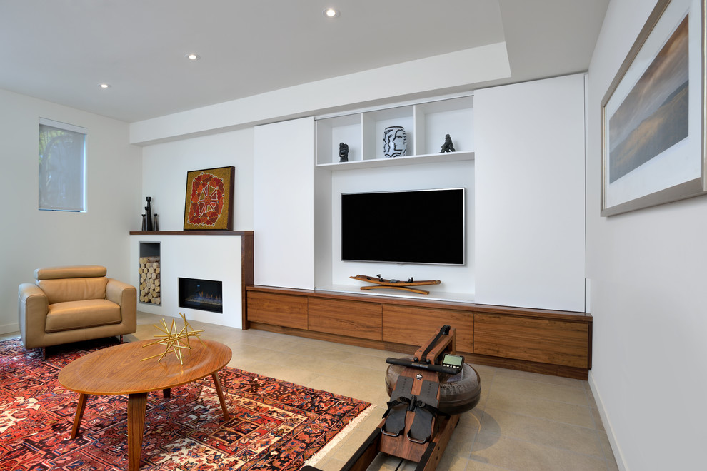 This is an example of a mid-sized contemporary basement in Toronto with white walls, a ribbon fireplace, ceramic floors and beige floor.
