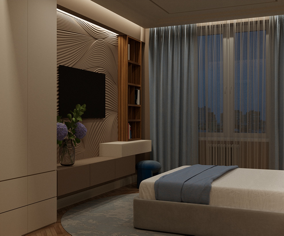 Спальня с атмосферой отеля на побережье.