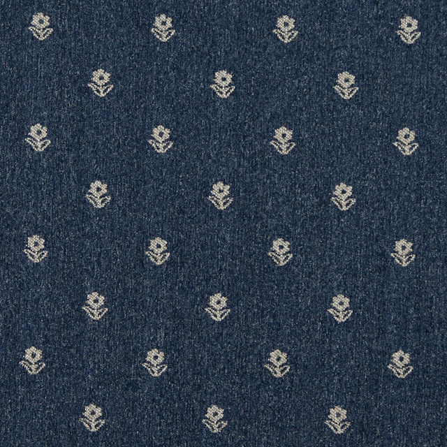 Navy Blue And Beige Flowers Country Tweed Upholstery Fabric By The