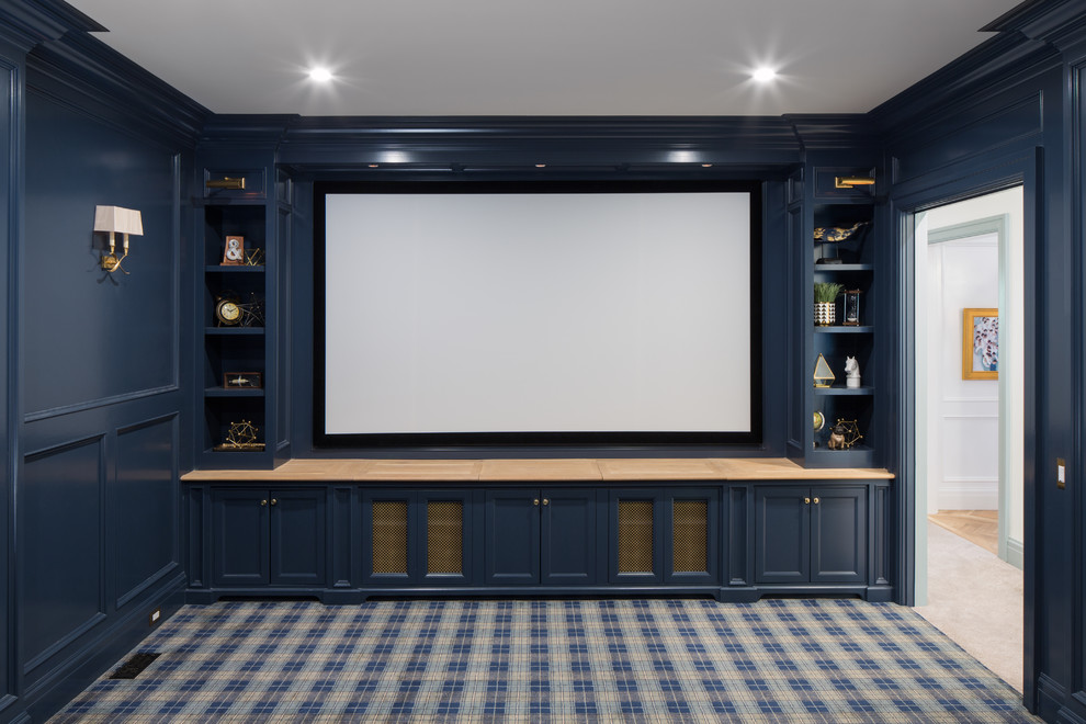 Elegant enclosed carpeted and blue floor home theater photo in Salt Lake City with blue walls and a projector screen