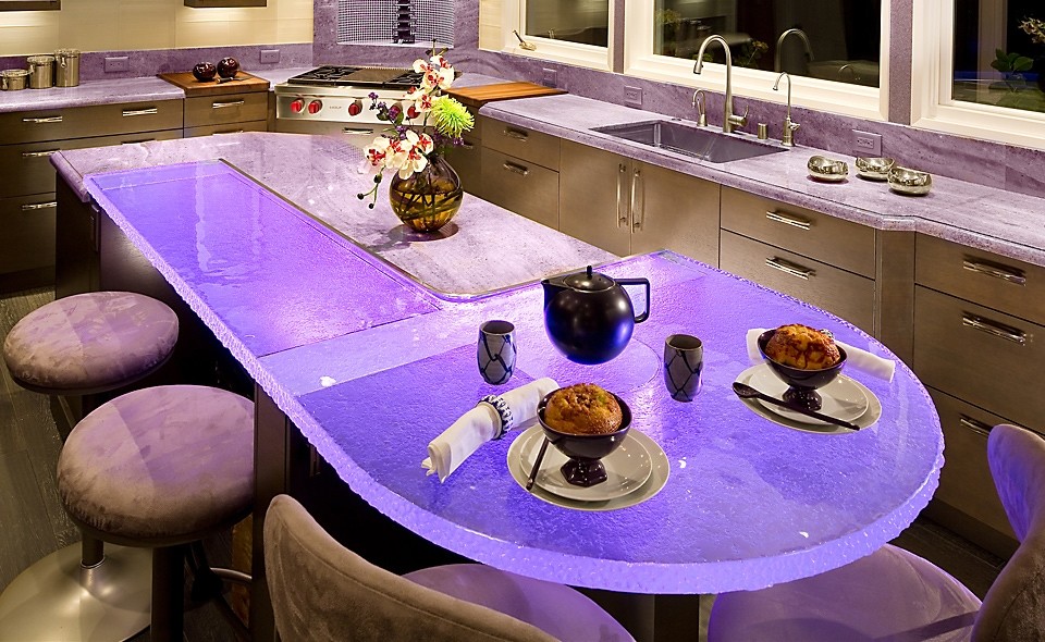 Kitchen in Chicago with glass benchtops.