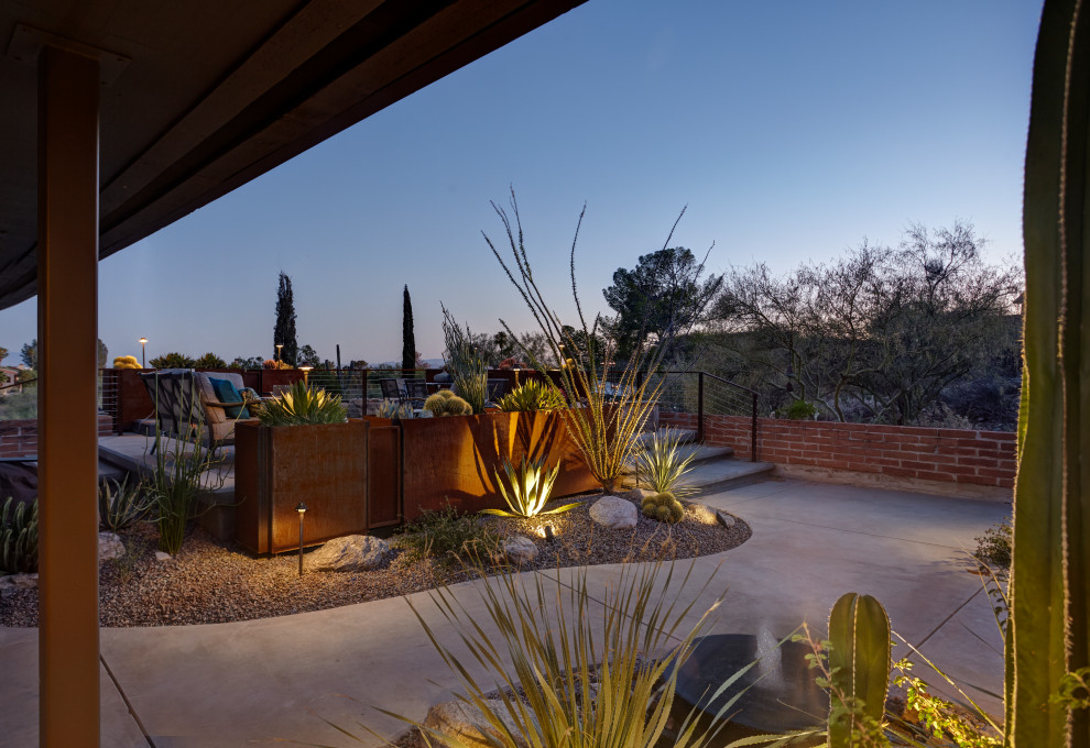 This is an example of a small midcentury front yard full sun xeriscape for winter in Phoenix with a container garden, concrete pavers and a metal fence.