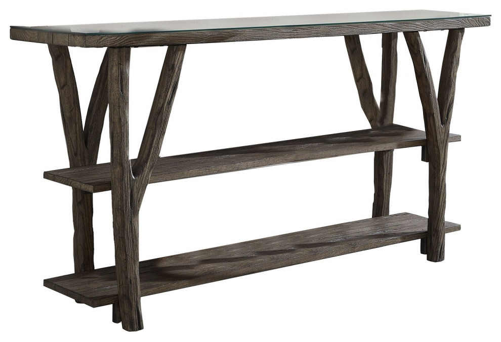 60" Console Table, Glass Top, 2 Open Shelves, Rich Brown Wood Frame