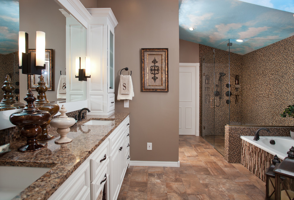 Mid-sized transitional master bathroom in Other with an undermount sink, white cabinets, engineered quartz benchtops, a hot tub, a curbless shower, mosaic tile, beige walls, porcelain floors, raised-panel cabinets, a two-piece toilet and brown tile.