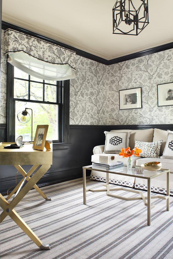 Home Office - An updated office with a vintage feel. Toile wall covering and the dark gray high gloss wainscoting make give this home office a properly contemporary feel. Photography by Peter Rymwid.