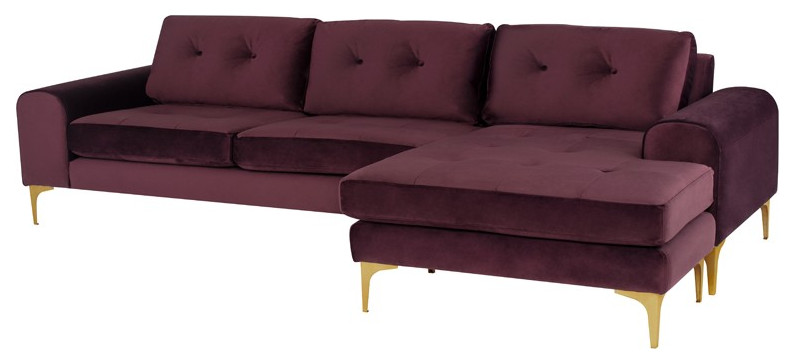 Colyn Reversible Sectional, Mulberry Velour Seat/Brushed Gold Legs