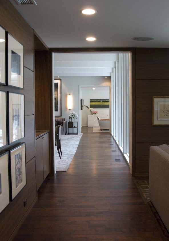 Photo of a mid-sized contemporary hallway in Chicago with dark hardwood floors.