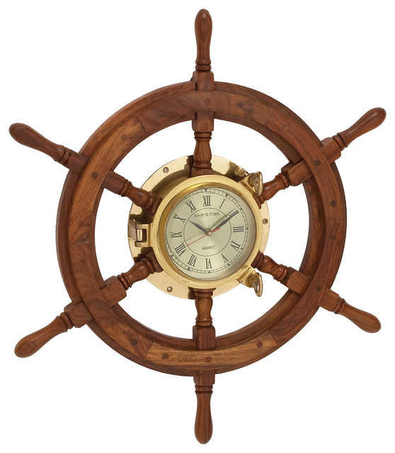 Wood Ship Helm Brass Clock Traditional Wall Clocks by Benzara