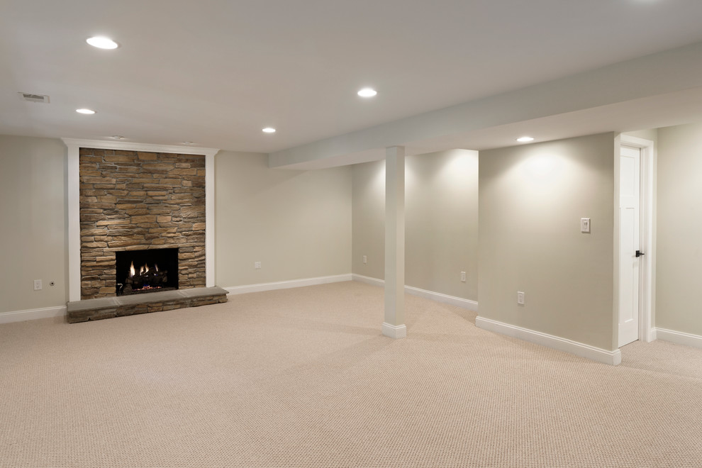 Large arts and crafts look-out basement in DC Metro with beige walls, carpet, a standard fireplace and a stone fireplace surround.