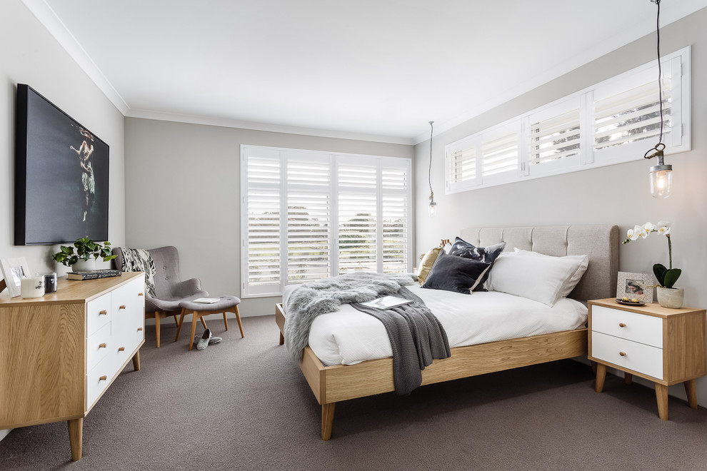 Mid-sized contemporary master bedroom in Perth with grey walls, carpet, no fireplace and grey floor.