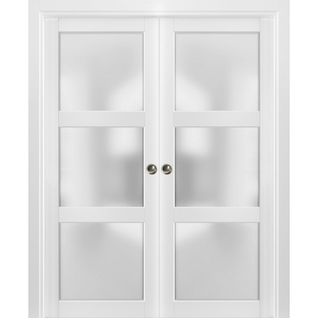 French Double Pocket Doors Frosted Glass 3 Lites | Lucia 2552 Matte White, 72" X