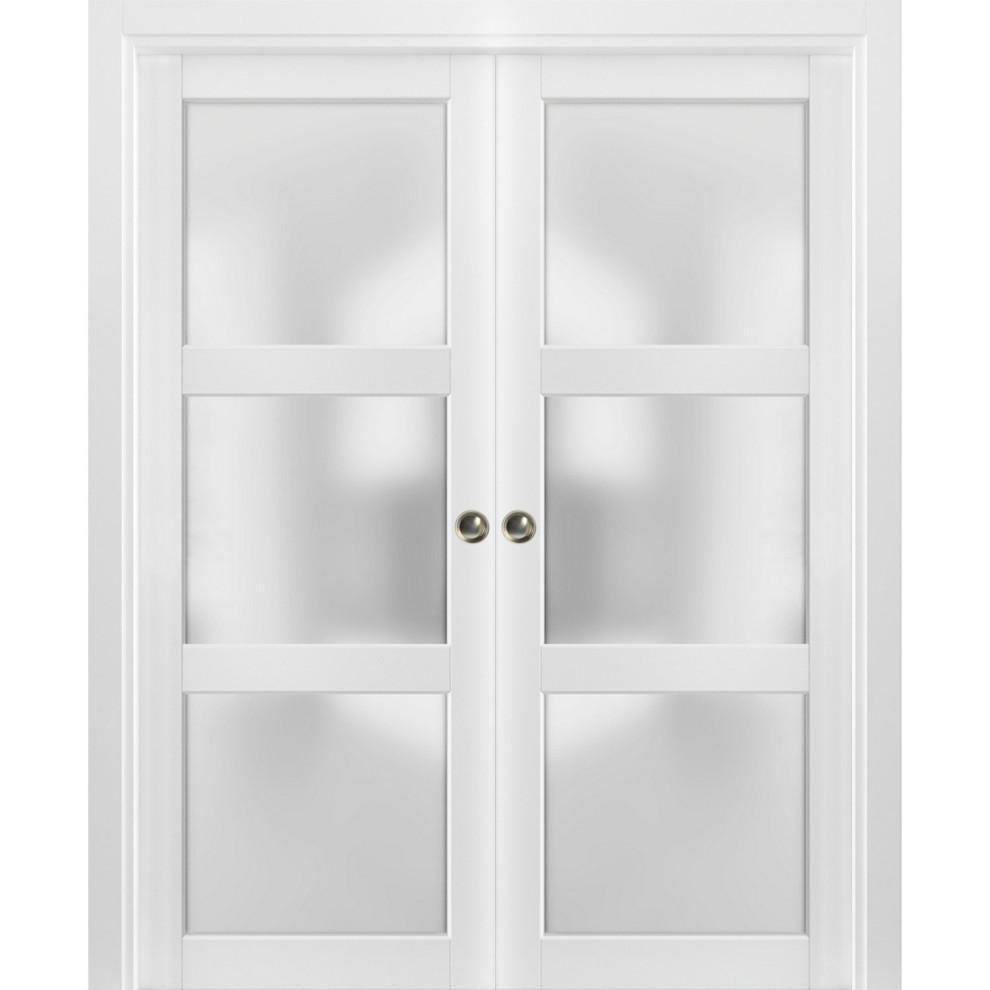 French Double Pocket Doors Frosted Glass 3 Lites | Lucia 2552 Matte White, 72" X