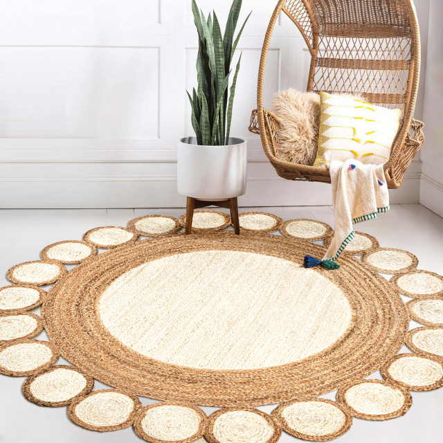 Skye Two-Tone Jute Circle Border Round Area Rug, 6' Round - Beach Style ...
