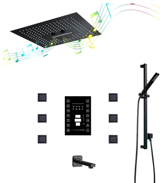 LED 16" Remote Controlled Matte Black Shower System, 6 Body Jets, and