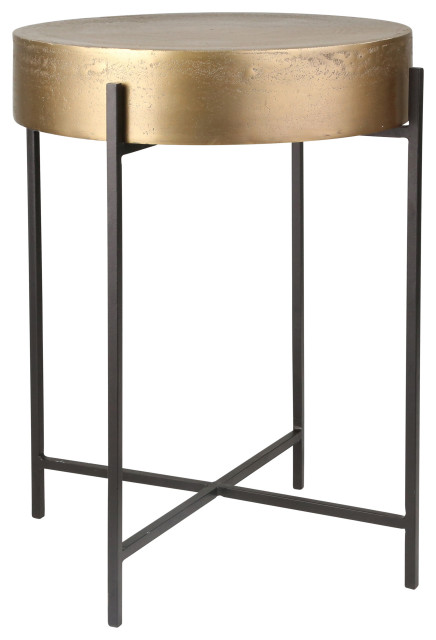 Benzara Metal Accent Table With Round Top And Tubular Base, Gold And 