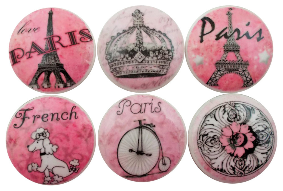 6 Piece Set Pink Paris Cabinet Knobs