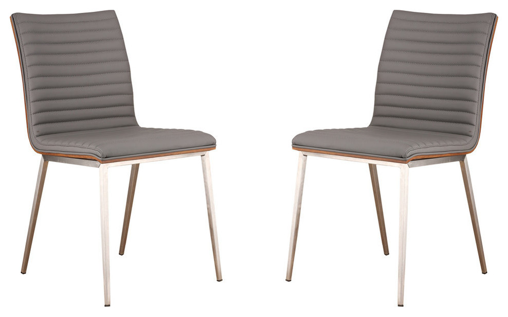 Cafe Brushed Stainless Steel Dining Chairs With Walnut Back, Set of 2, Gray