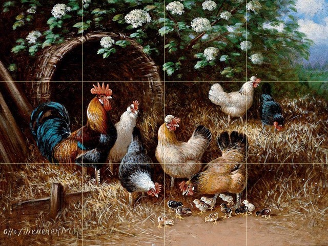 Jutz Tile Mural Kitchen Backsplash Marble Ceramic Farm rooster chickens by C 
