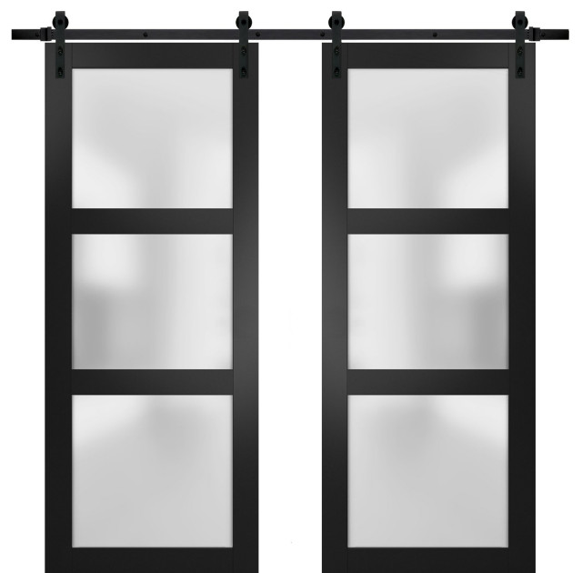 Double Barn Door 56 x 96 Frosted Glass, Lucia 2552 Matte Black, 13FT