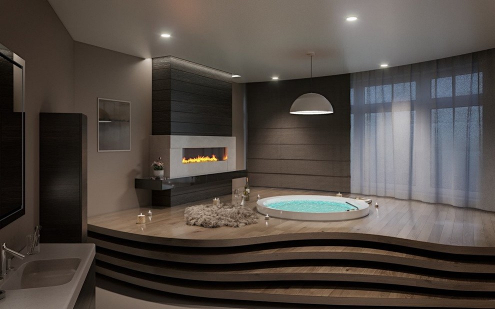 This is an example of a large transitional master bathroom in Seattle with a drop-in tub and a drop-in sink.
