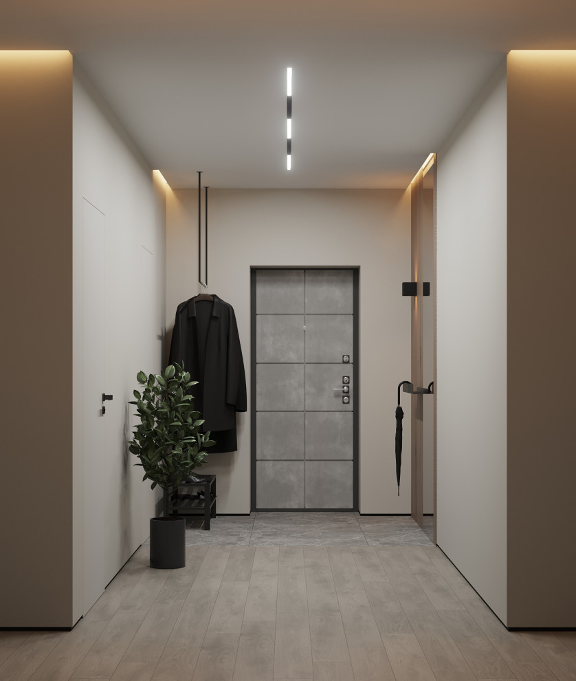 Photo of a mid-sized contemporary front door in Other with beige walls, porcelain floors, a single front door, a gray front door, grey floor and wood walls.
