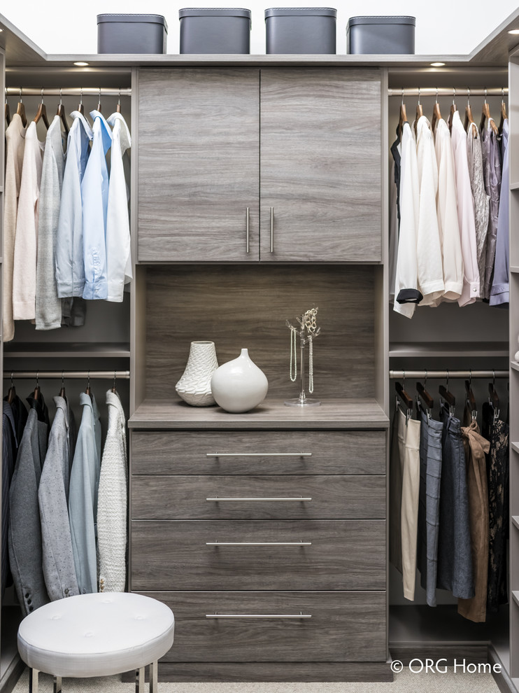 Walk-in closet - mid-sized transitional gender-neutral carpeted and beige floor walk-in closet idea with flat-panel cabinets and gray cabinets