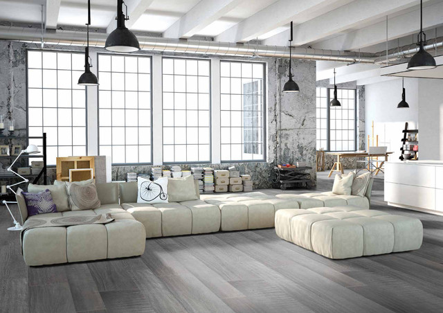 Modern grey loft style living room with porcelain wood ...