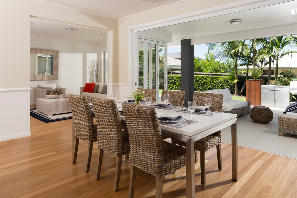 Inspiration for a beach style dining room in Sydney with beige walls, light hardwood floors and beige floor.