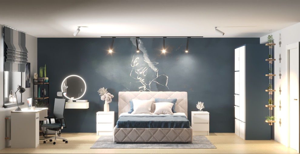 Атмосферная и уютная спальня с рабочим местом