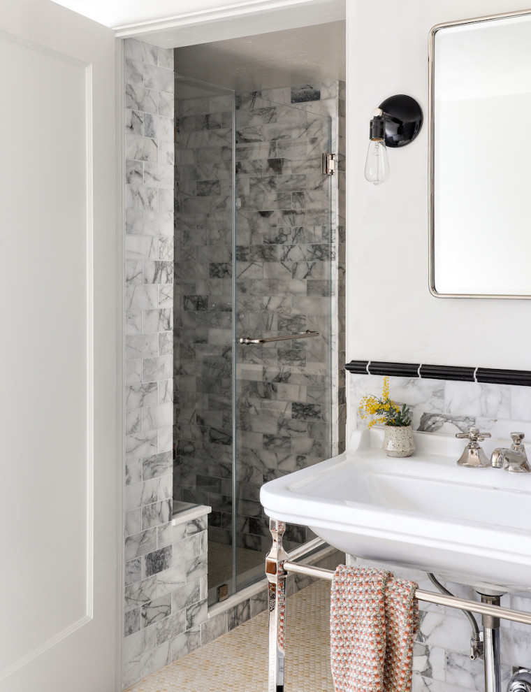 Mid-sized traditional bathroom in San Francisco with black cabinets, an alcove shower, white tile, marble, white walls, mosaic tile floors, a console sink, yellow floor, a hinged shower door, white benchtops, a single vanity and a freestanding vanity.