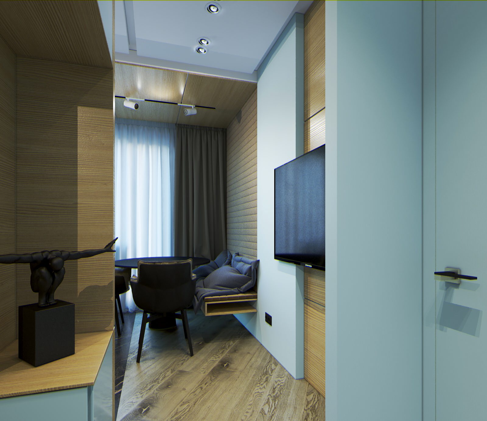 Современное, студийное пространства кухни, в трех комнатной квартире.