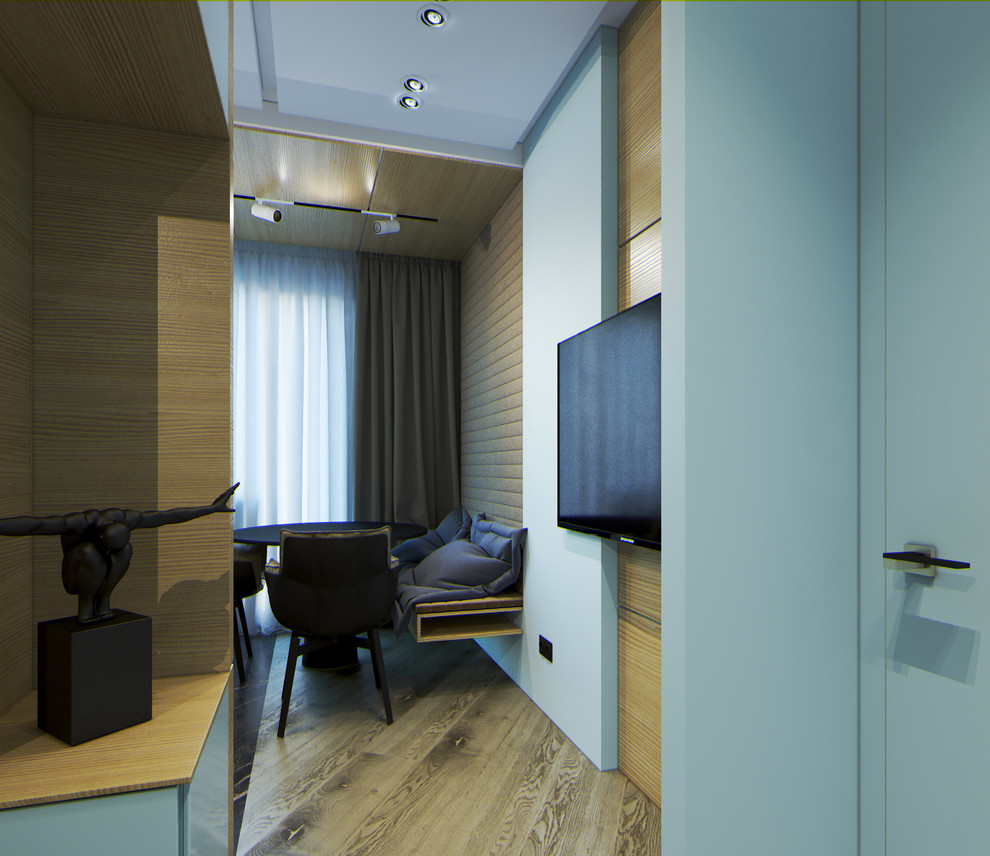 Современное, студийное пространства кухни, в трех комнатной квартире.