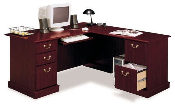 Bush Saratoga L Shape Wood Executive Desk In Harvest Cherry Bush Saratoga L Shape Wood Executive Desk In Harvest Cherry