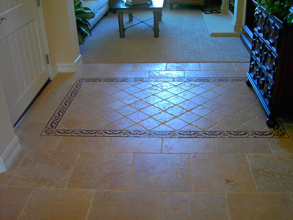 Chiseled Edge Travertine Tile With Custom Entry Inset Floor Design