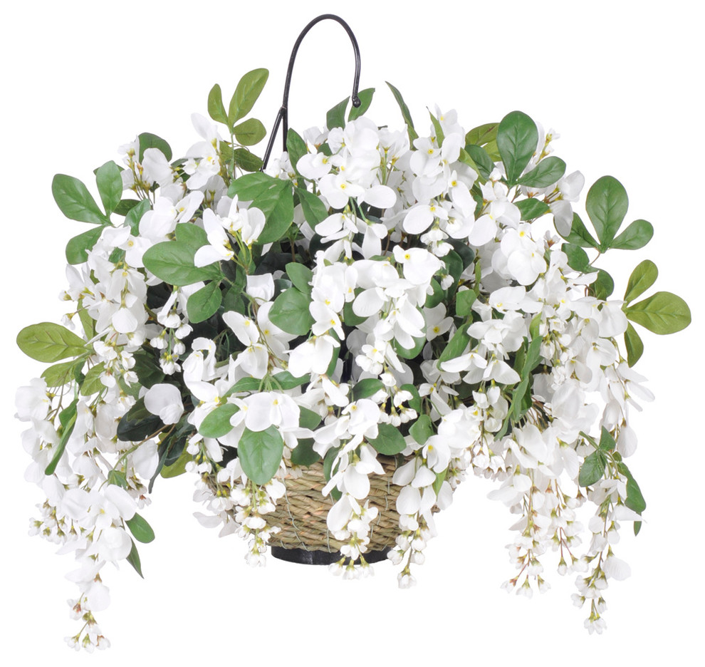 Artificial White Wisteria, Water Hyacinth Basket, Natural