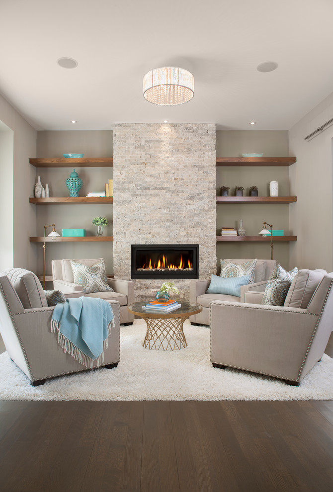 Photo of a mid-sized transitional enclosed living room in Calgary with grey walls, vinyl floors, a standard fireplace and a stone fireplace surround.