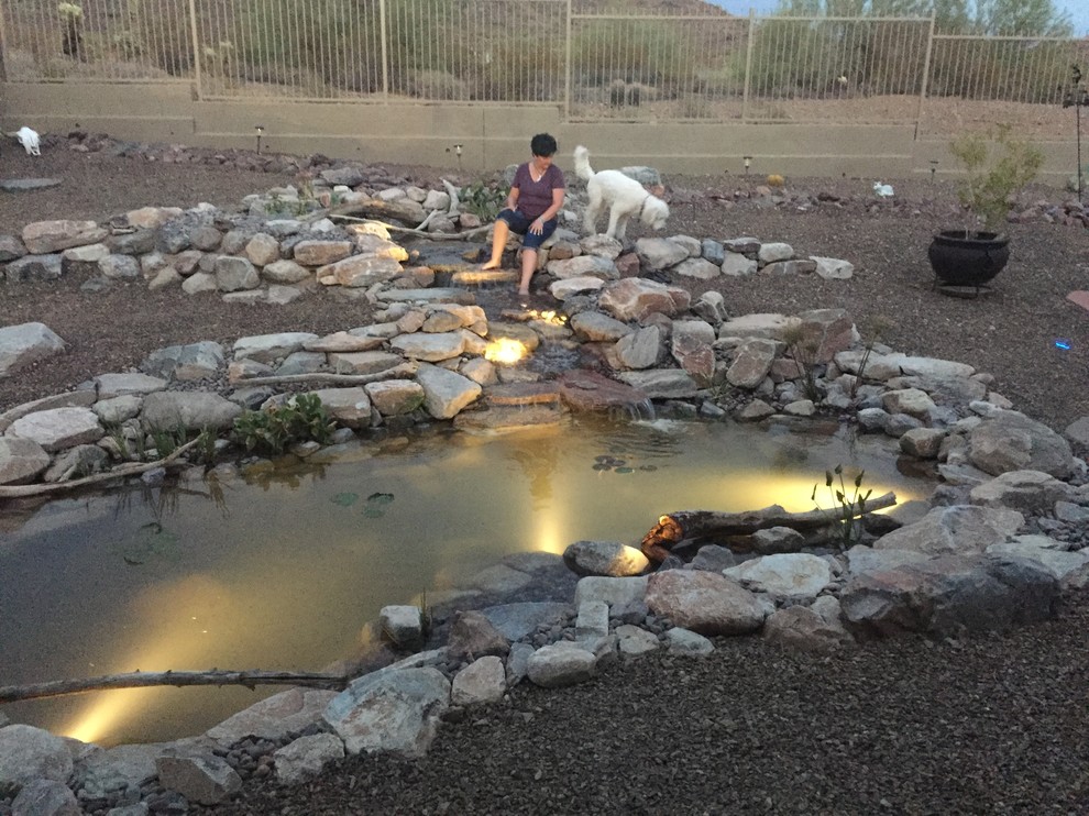 This is an example of a large transitional full sun backyard pond in Phoenix.