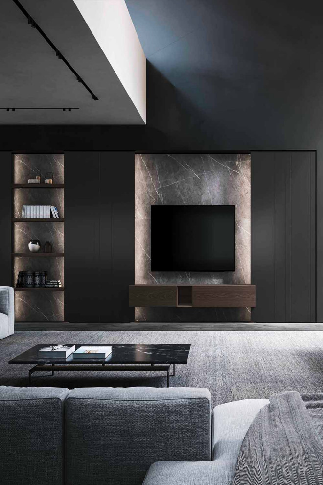 Imagen de salón con barra de bar abierto minimalista extra grande con paredes negras, moqueta, pared multimedia y suelo gris