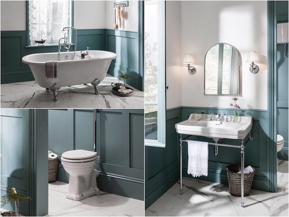 Design ideas for a medium sized classic family bathroom in Cambridgeshire with shaker cabinets, medium wood cabinets, a claw-foot bath, a built-in shower, a one-piece toilet, white tiles, ceramic tiles, white walls, porcelain flooring, a pedestal sink and marble worktops.
