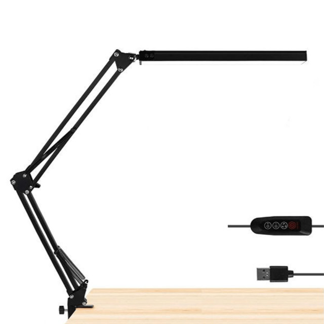 17" Black Metal USB Adjustable Swing Arm LED Desk Lamp with Clamp Transitional Desk Lamps