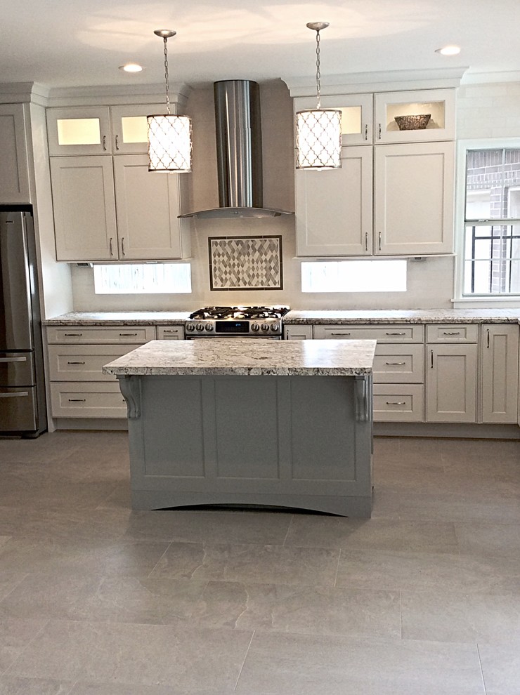 Inspiration for a mid-sized transitional u-shaped ceramic tile eat-in kitchen remodel in Houston with a farmhouse sink, recessed-panel cabinets, white cabinets, granite countertops, white backsplash, stone tile backsplash, stainless steel appliances and an island