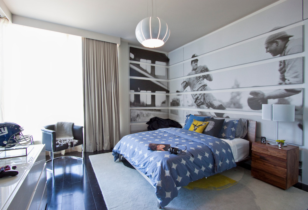 Inspiration for a contemporary kids' room for boys in Miami with grey walls and dark hardwood floors.