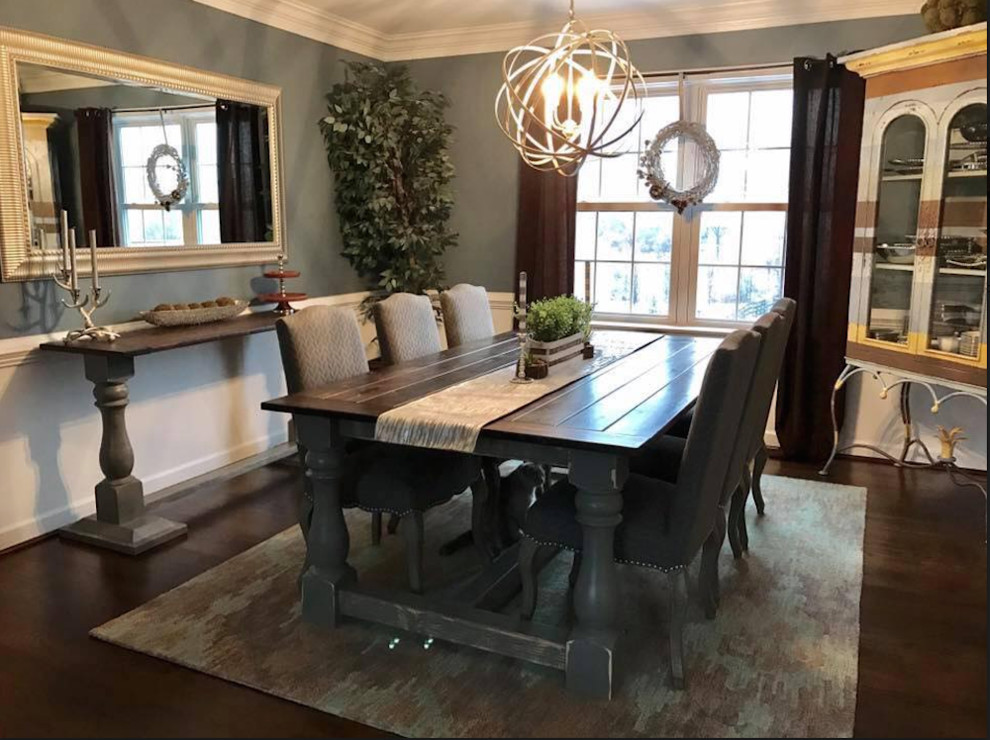 Design ideas for a mid-sized transitional separate dining room in Philadelphia with grey walls, dark hardwood floors, no fireplace and brown floor.
