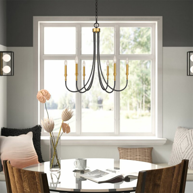 MOTINI Large Black and Brushed Brass Farmhouse Chandelier, 6 Light