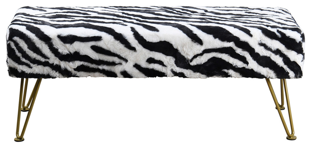 Zebra Faux Fur Bench With Gold Legs, 46''x16''x17''