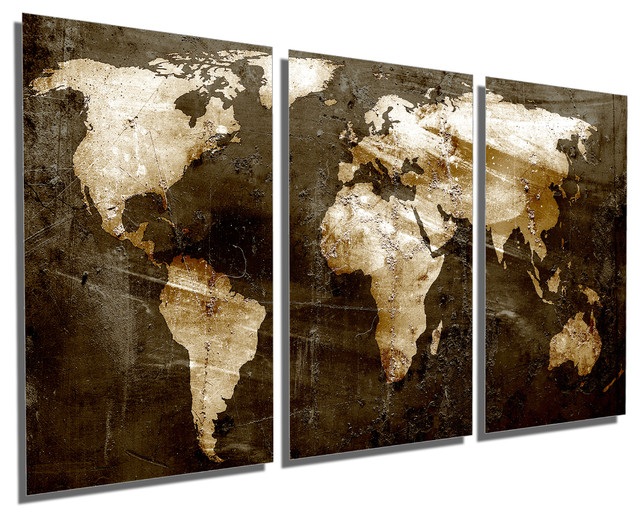 Rustic Brown Map Metal print wall art. 3 Panel split, Triptych HD ...
