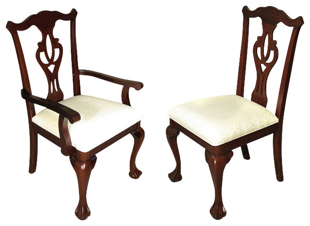 Set 8 Solid Mahogany Dark Cherry Chippendale Cream Dining Chairs