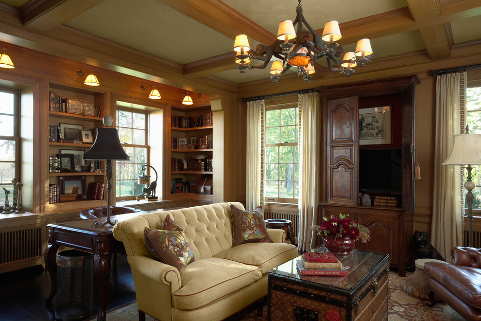 Design ideas for a mid-sized traditional enclosed family room in Minneapolis with dark hardwood floors.