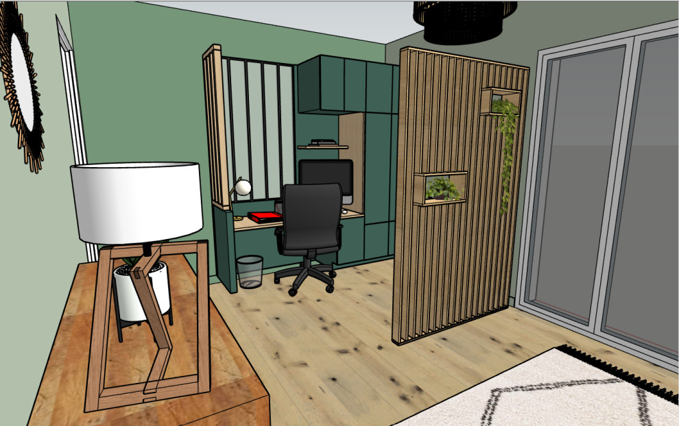 Arbeitszimmer mit Arbeitsplatz, grüner Wandfarbe, hellem Holzboden und Einbau-Schreibtisch in Grenoble